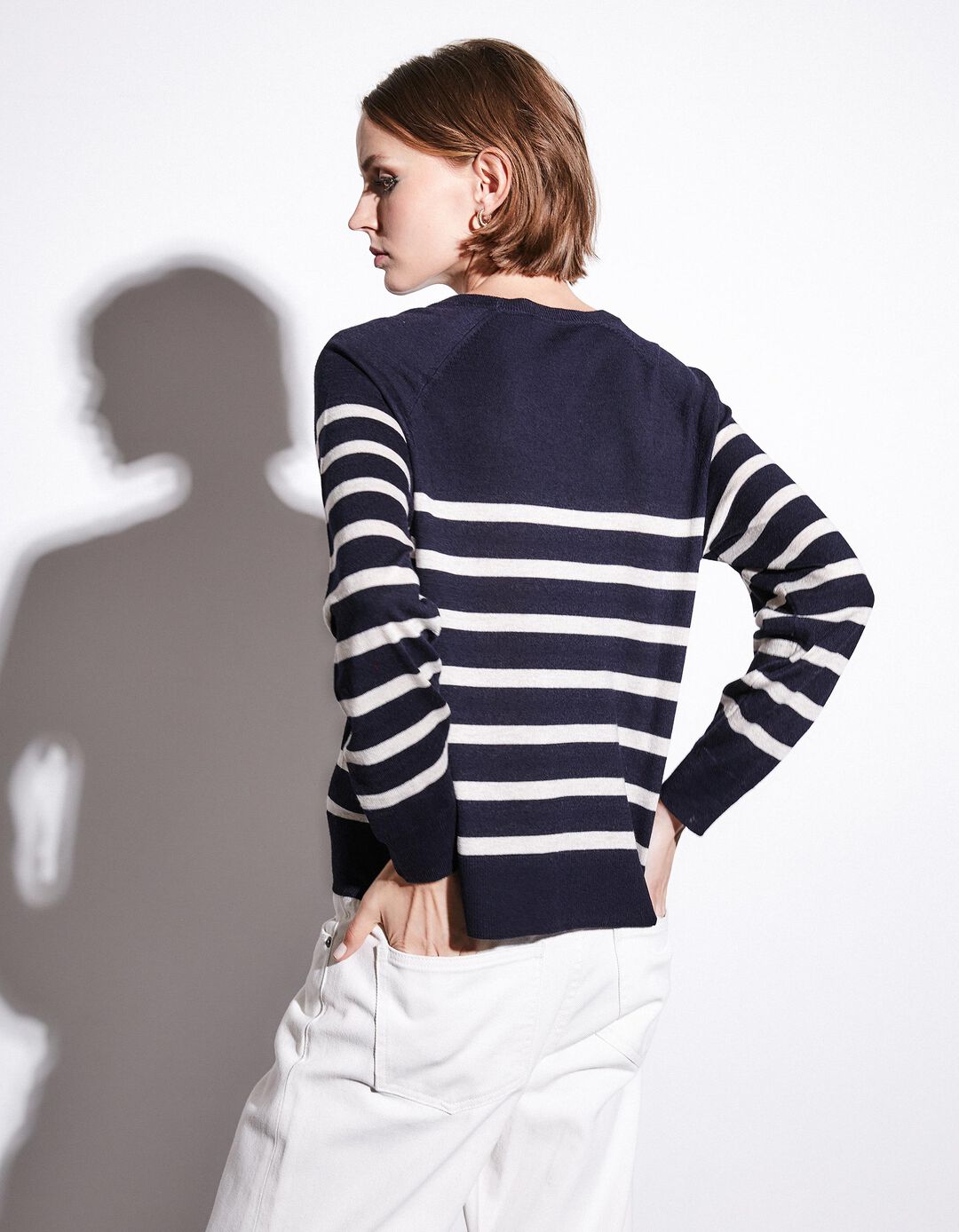 Camisola Mistura de Caxemira Riscas, Mulher, Azul Escuro