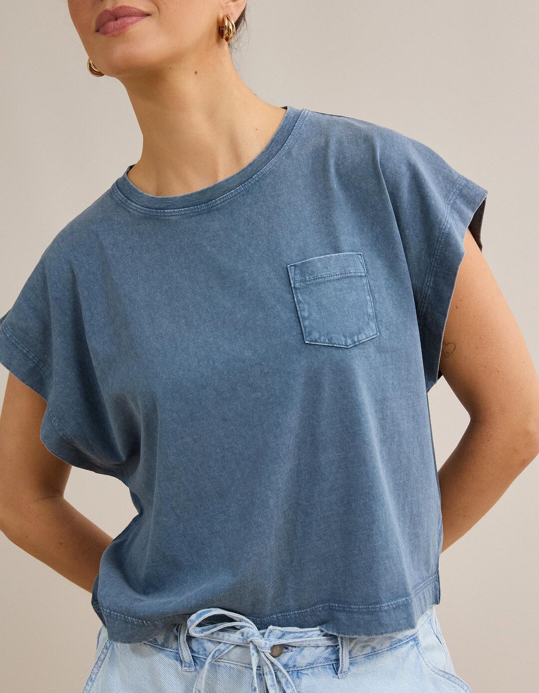 T-shirt Com Bolso, Mulher, Azul Escuro