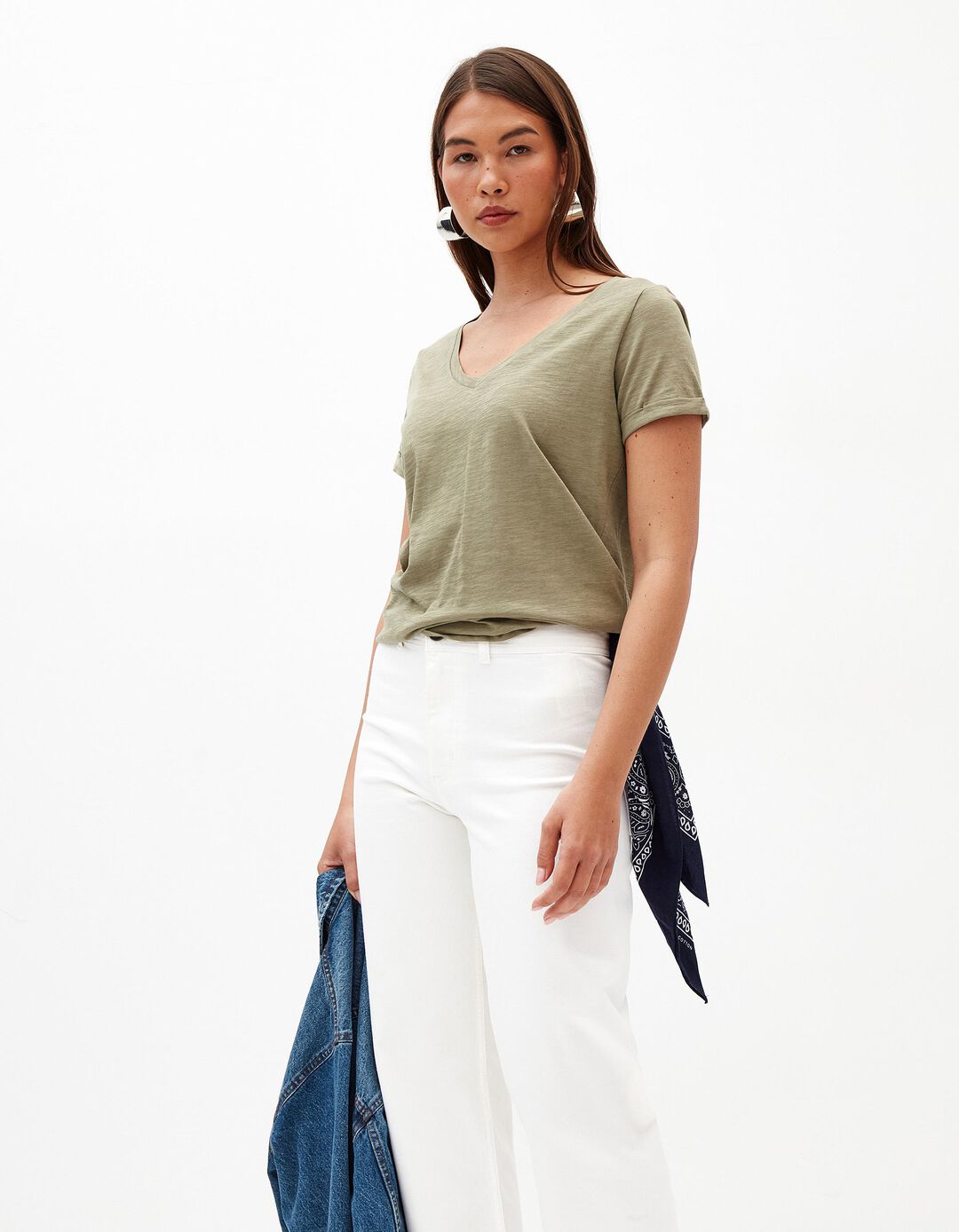 T-shirt Decote em V, Mulher, Verde Escuro