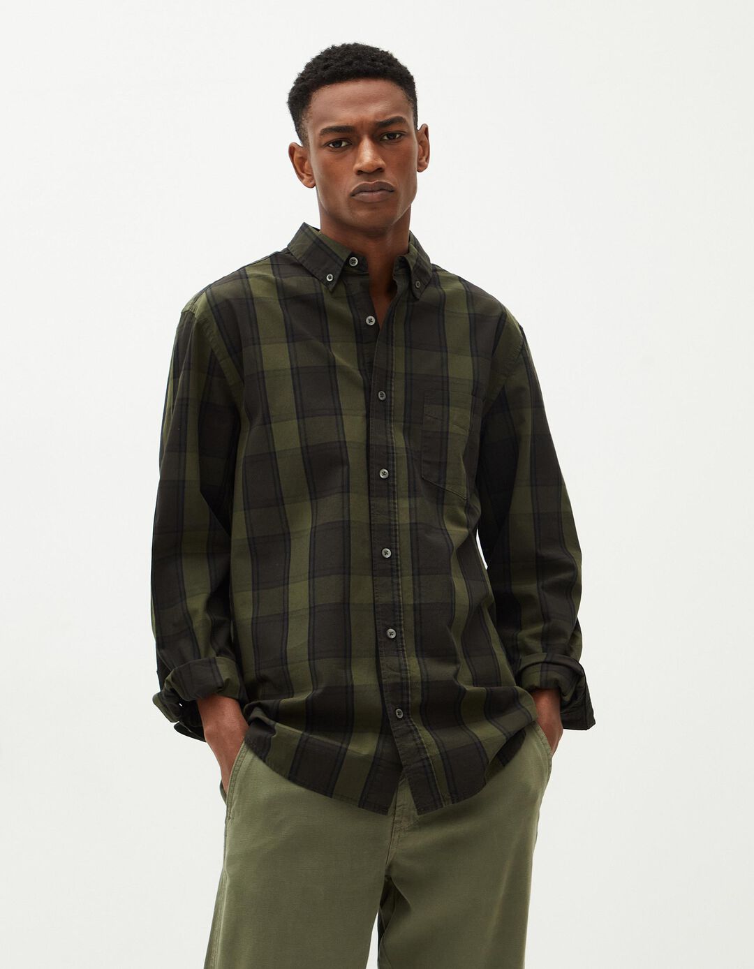 Camisa de Manga Comprida Xadez, Homem, Verde Escuro