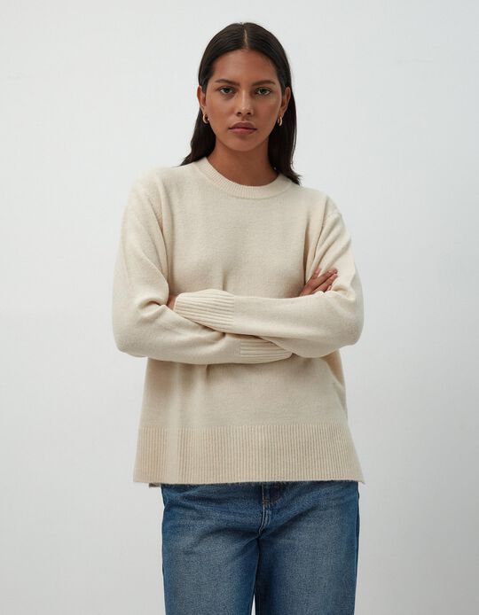 Comprar Online Camisola de Malha Decote Redondo, Mulher, Bege Claro