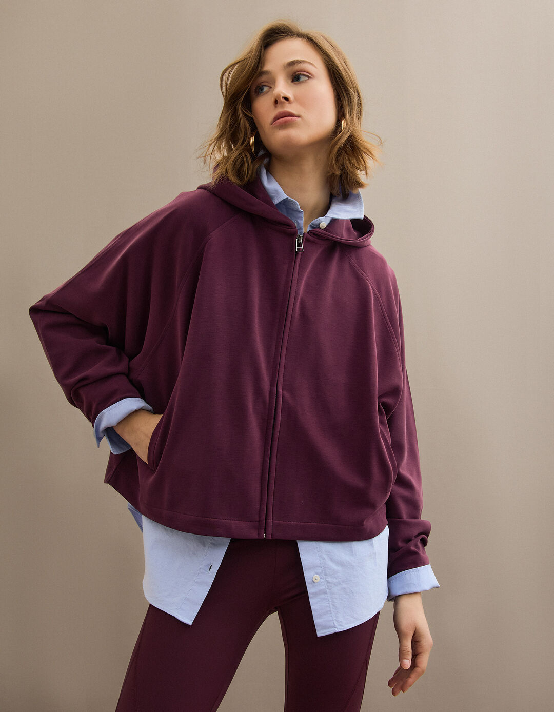 Casaco com Capuz, Mulher, Vermelho Escuro