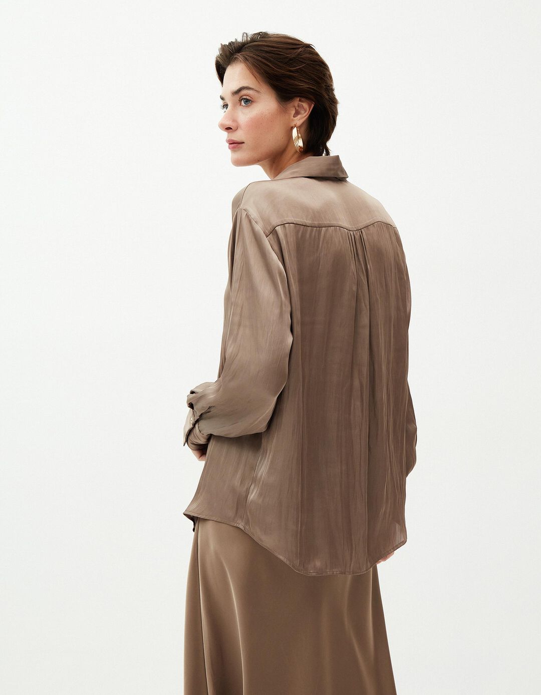 Camisa Acetinado, Mulher, Bege Escuro 