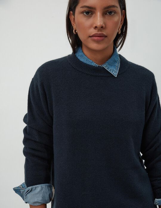 Comprar Online Camisola de Malha Decote Redondo, Mulher, Azul Escuro
