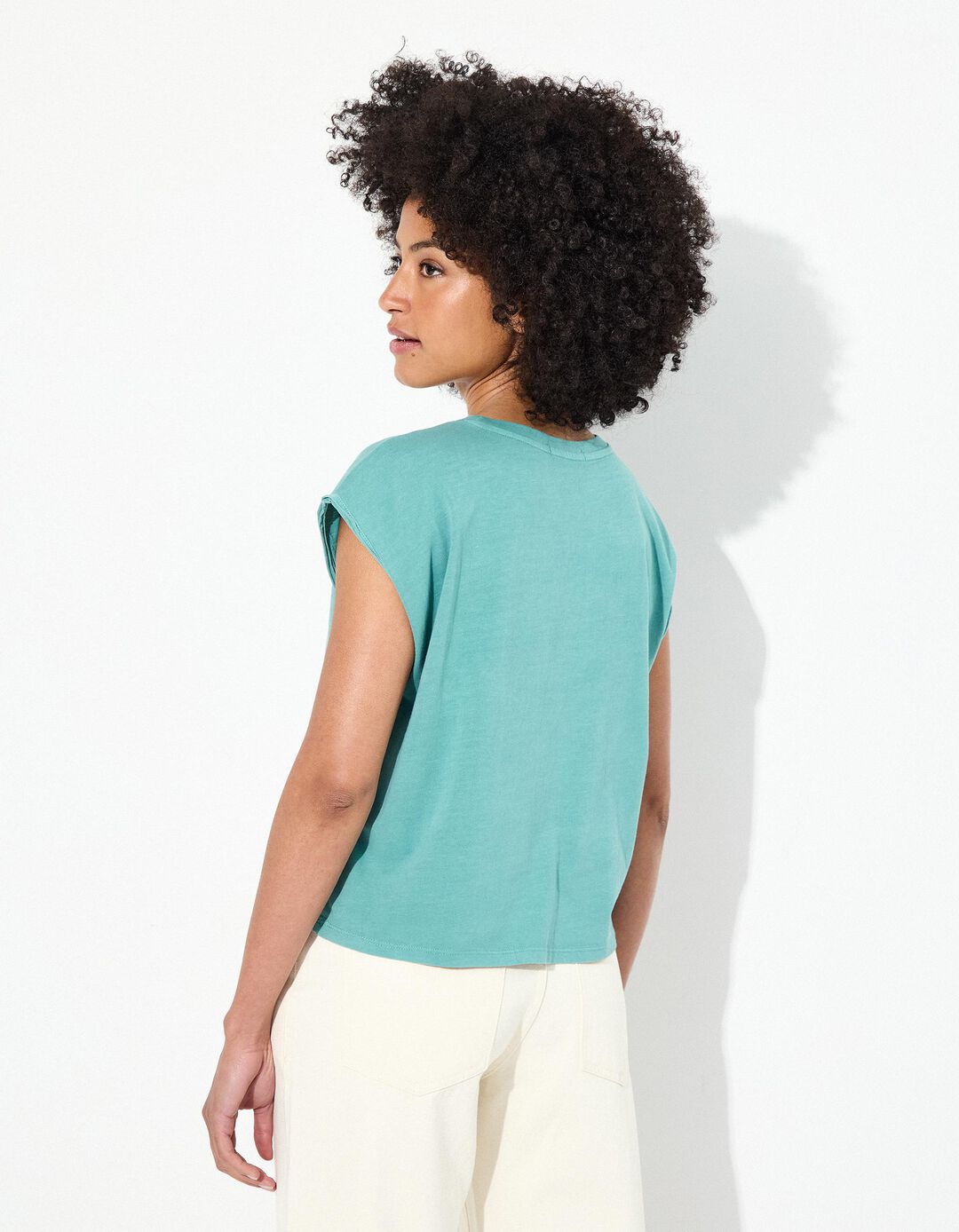 T-shirt Print sem Mangas, Mulher, Azul Claro 
