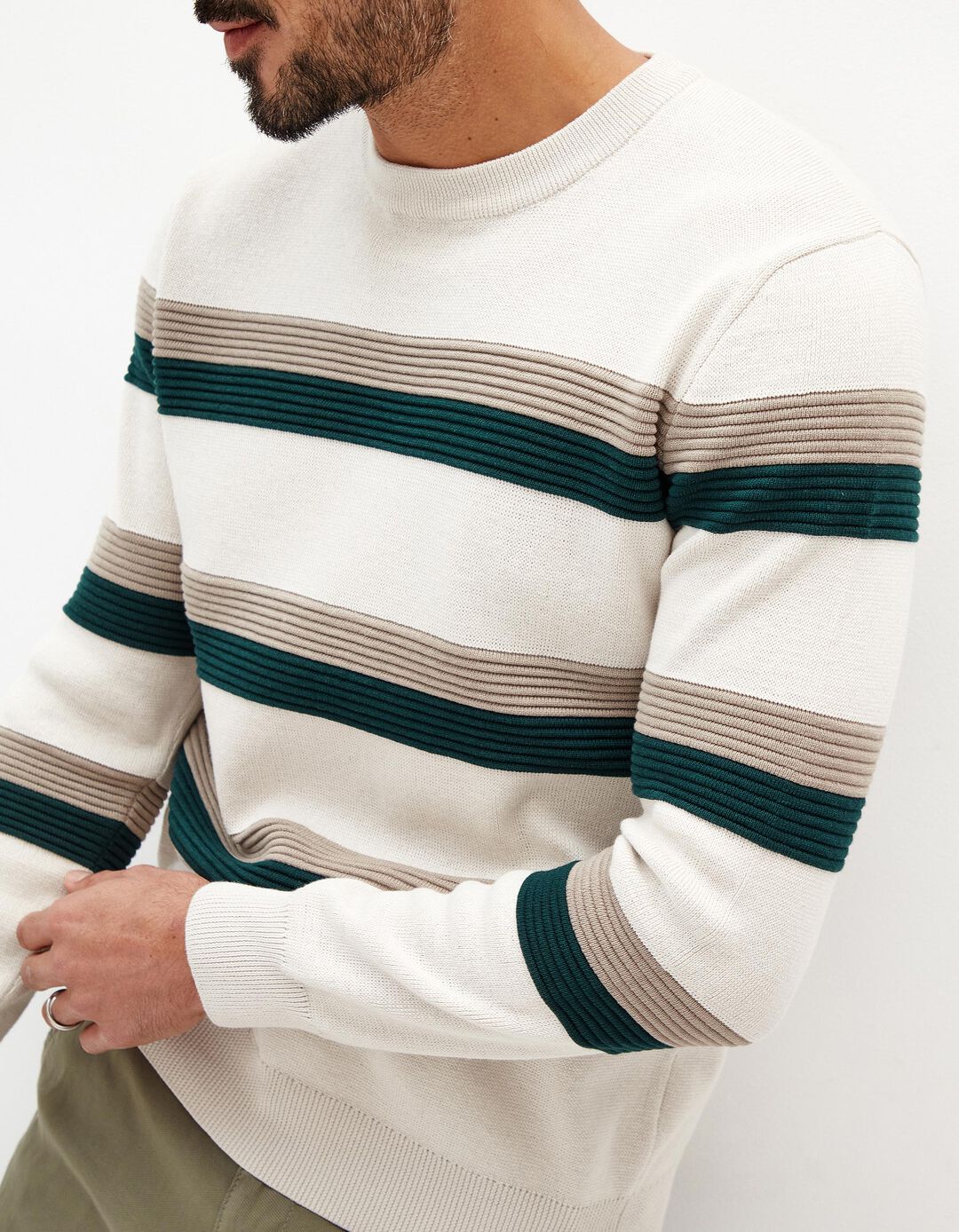 Camisola de Malha Riscas, Homem, Bege 