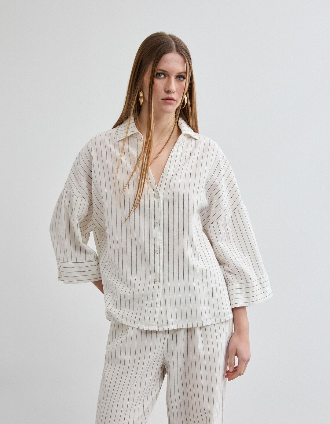 Camisa com Linho, Mulher, Bege Claro