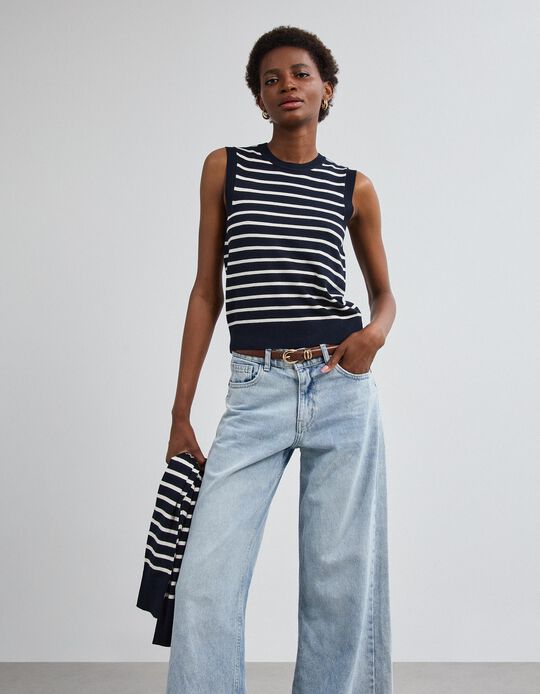 Comprar Online Colete Tricotado &Agrave;s Riscas, Mulher, Azul Escuro