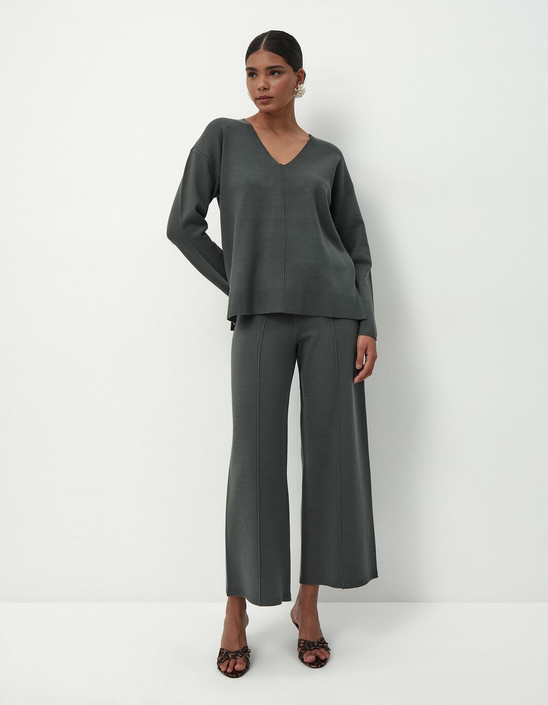 Camisola de Malha Decote em V, Mulher, Cinzento Escuro