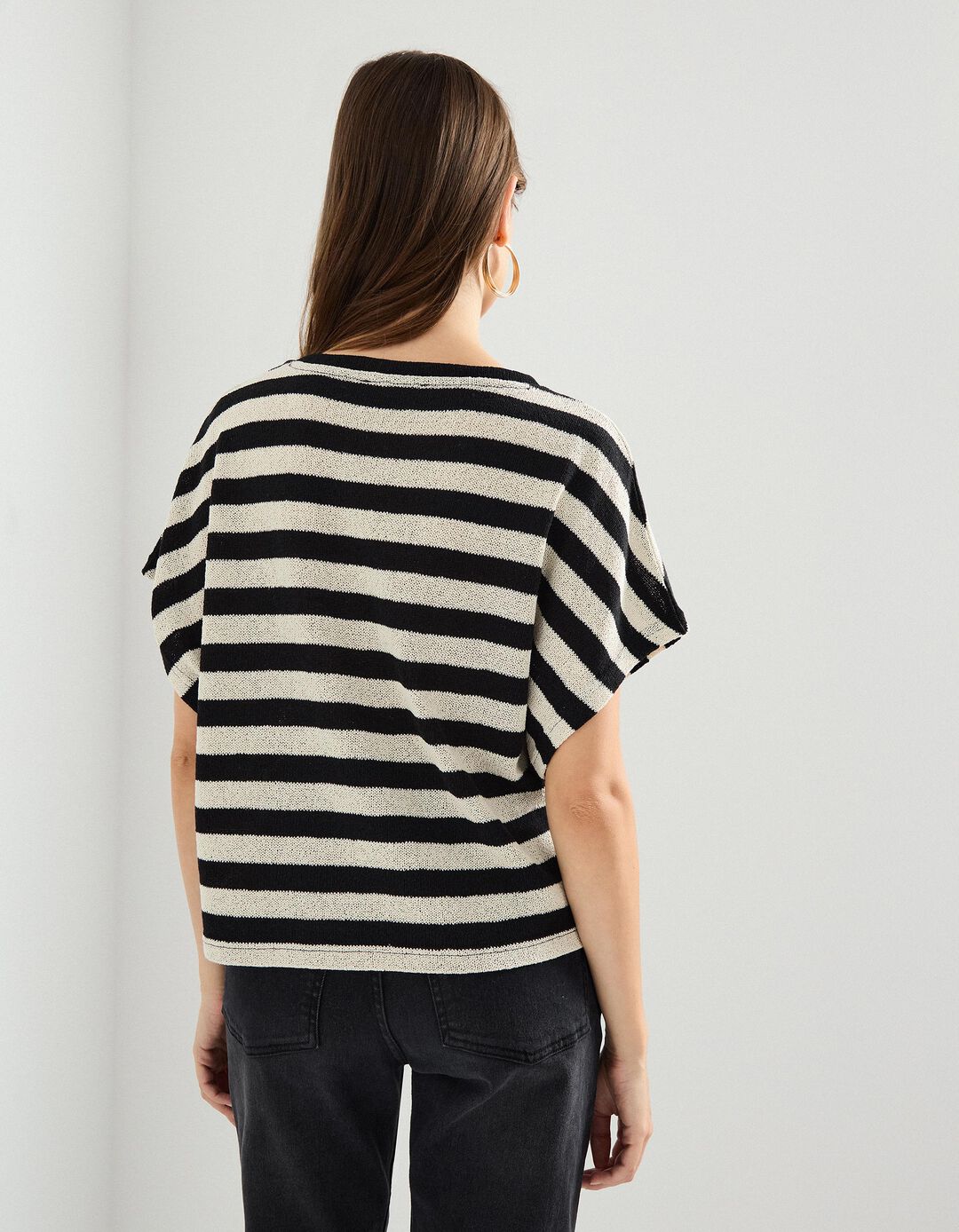 T-shirt de Riscas, Mulher, Preto