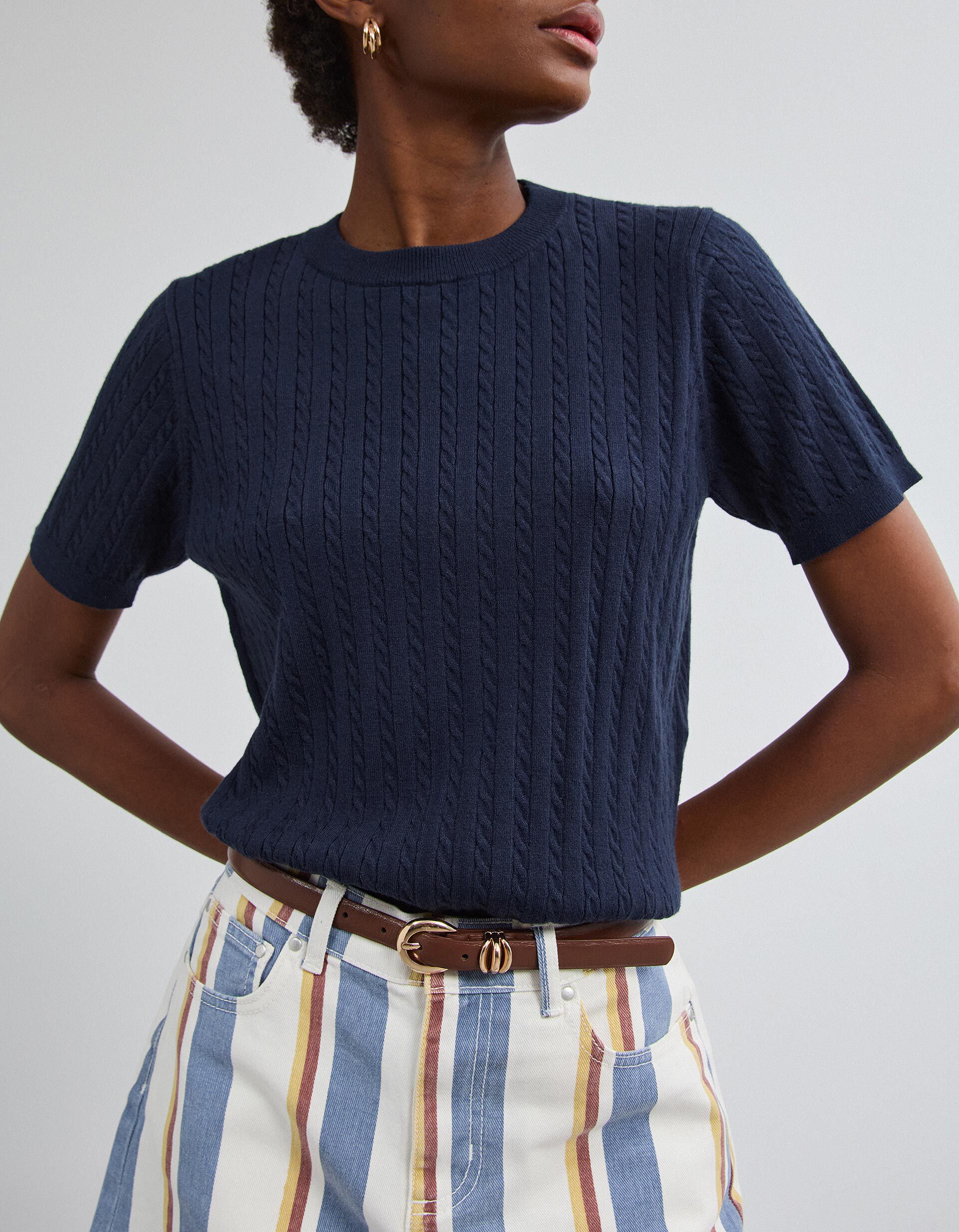 Comprar Online Camisola Tricotada Manga Curta, Mulher, Azul Escuro