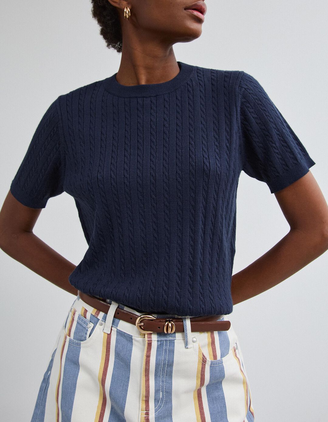 Camisola Tricotada Manga Curta, Mulher, Azul Escuro