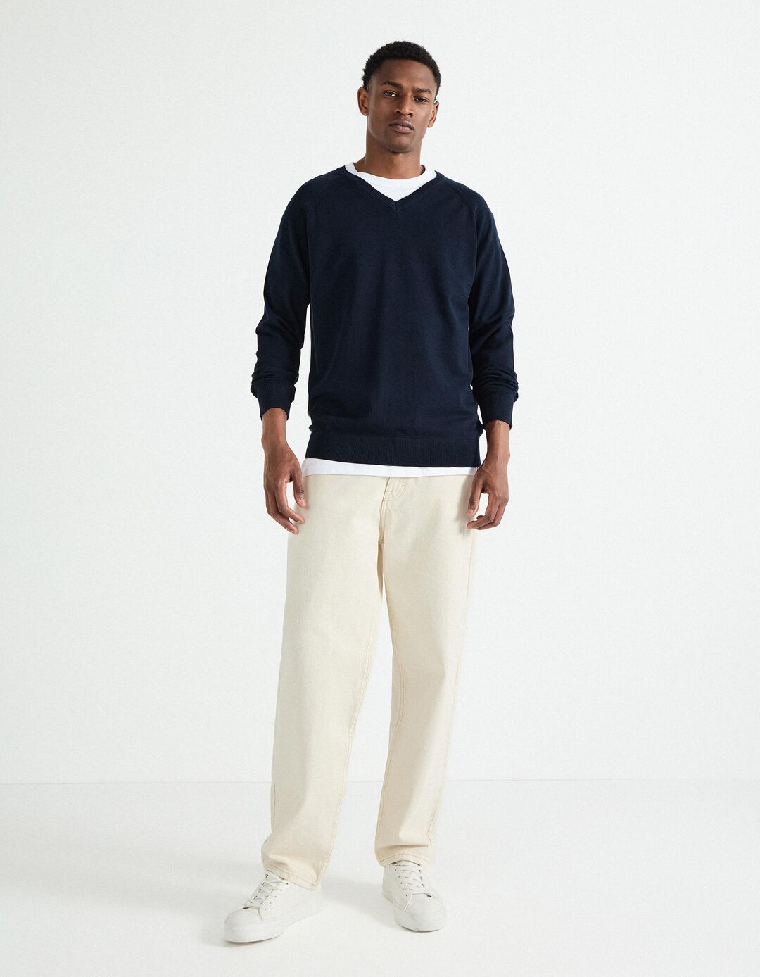 Camisola de Malha Decote em V, Homem, Azul Escuro