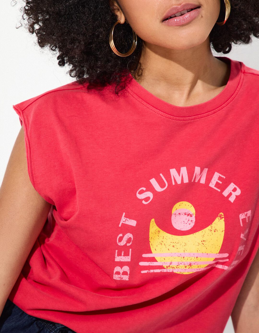 T-shirt Print sem Mangas, Mulher, Rosa Escuro 