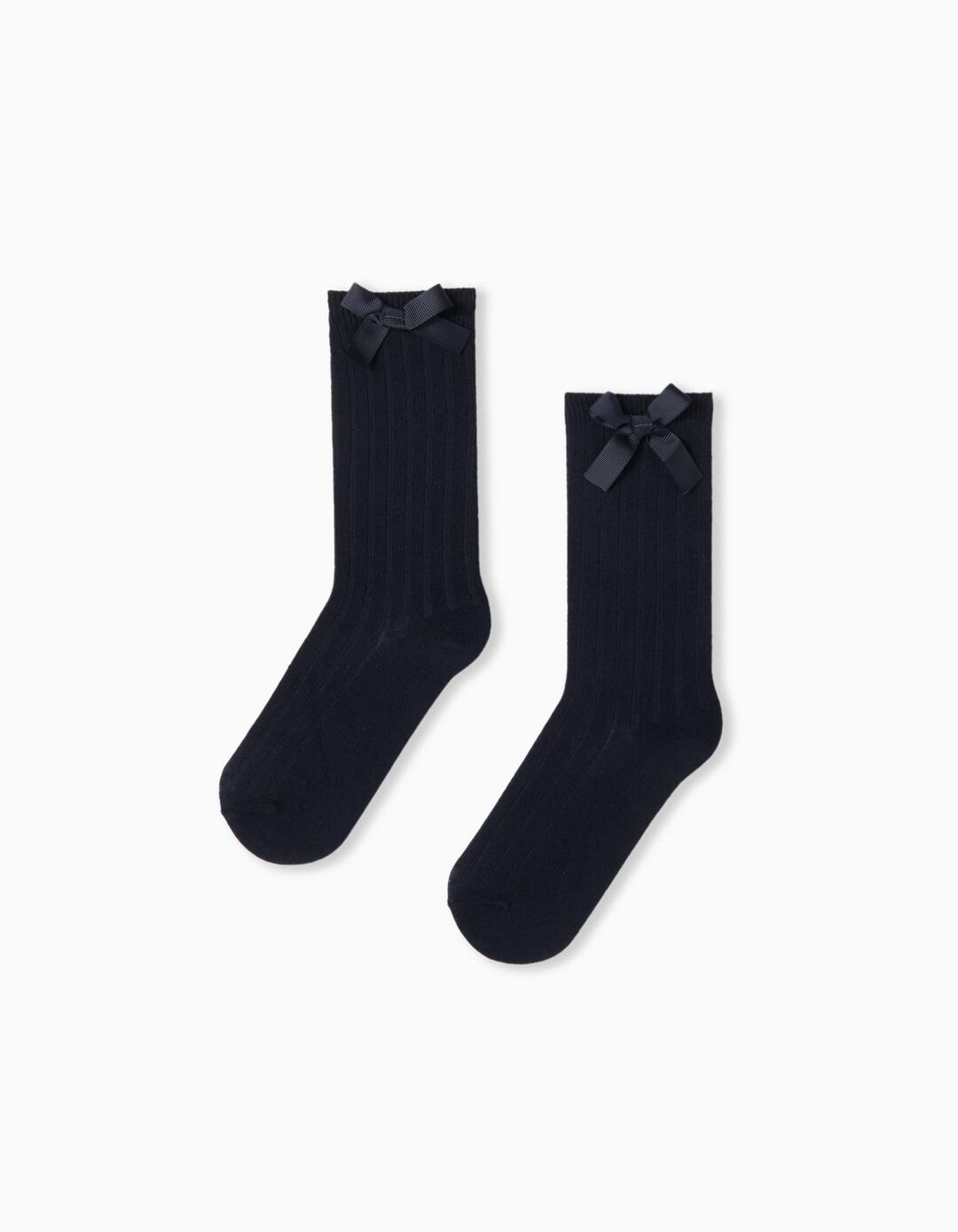 Pack 2 Pares de Meias Altas Caneladas Laço, Menina, Azul Escuro