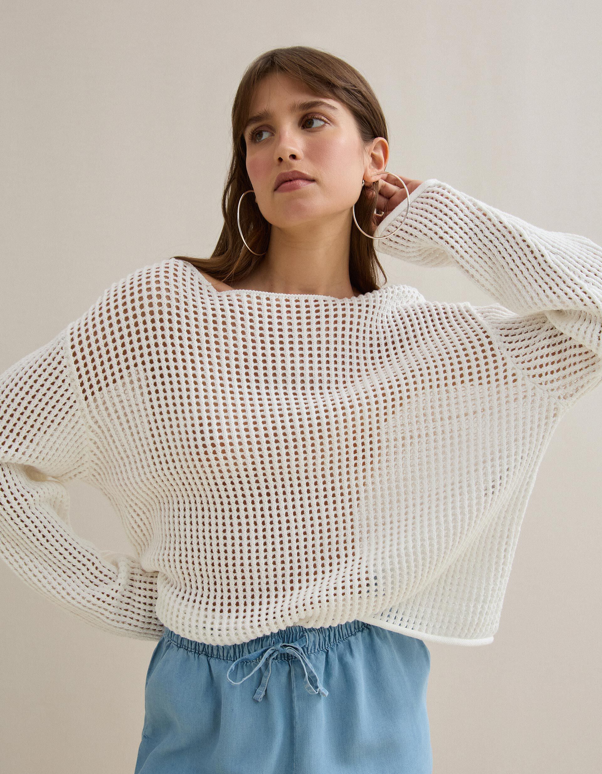 Comprar Online Camisola de Malha Crochet, Mulher, Branco