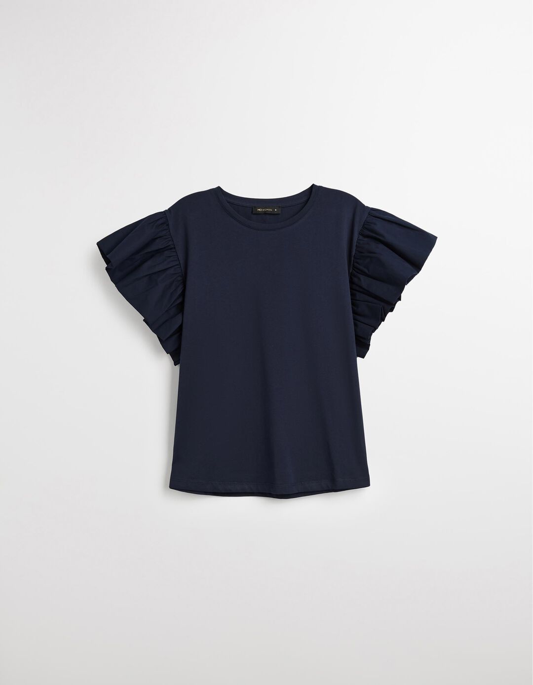 T-shirt com Mangas de Folhos, Mulher, Azul Escuro 