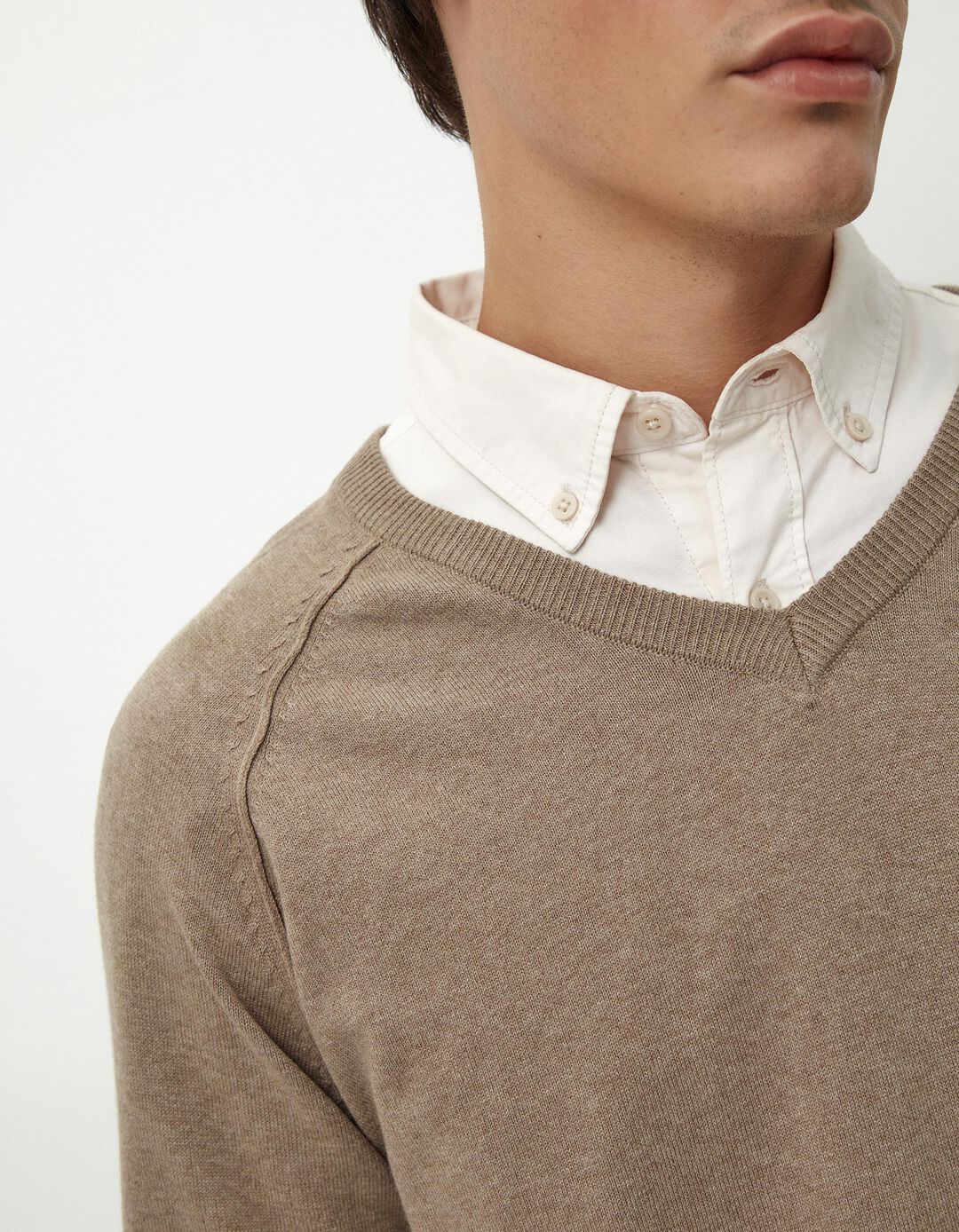Camisola de Malha Decote em V, Homem, Bege Escuro