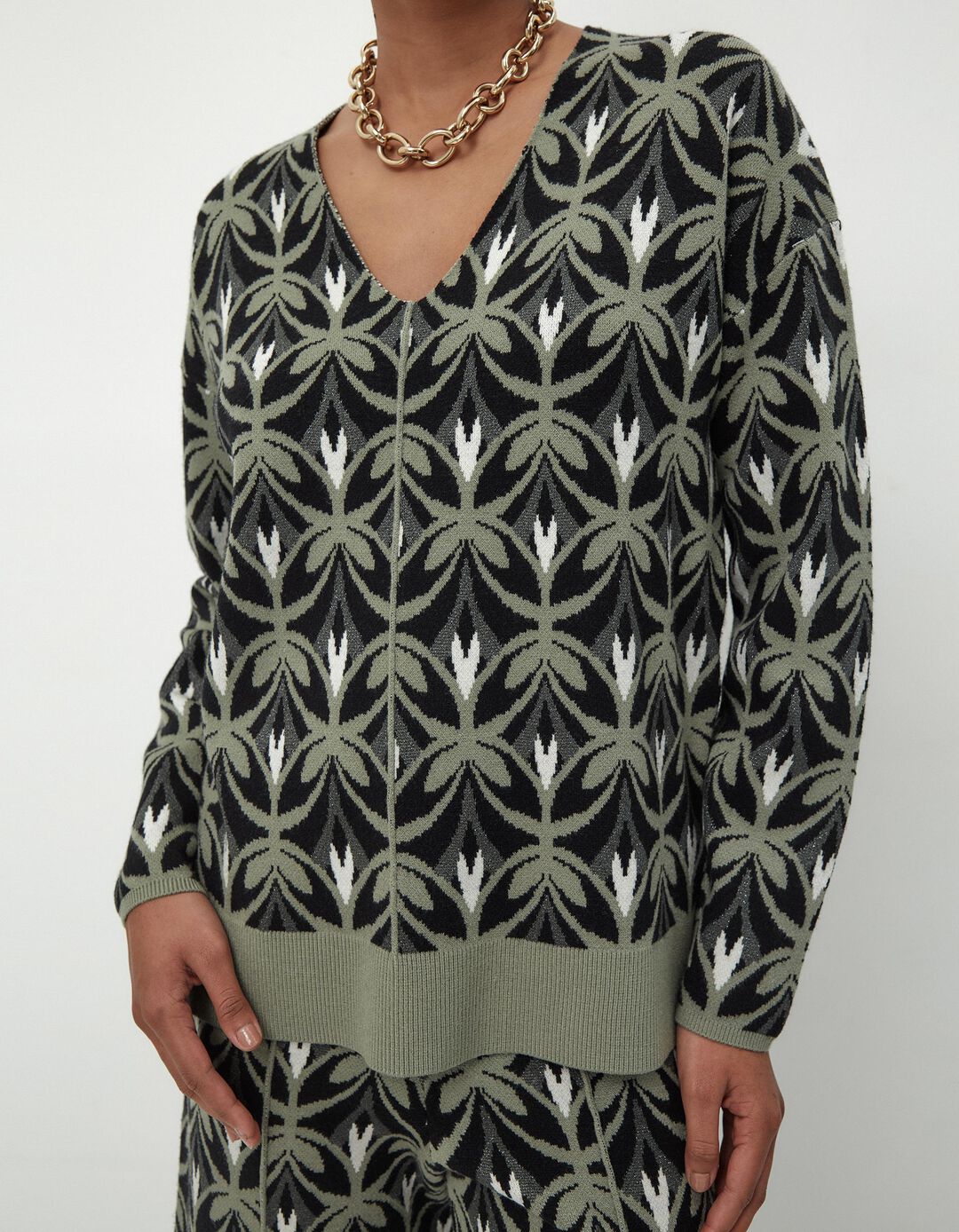 Camisola Malha Jacquard Estampada Decote em V, Mulher, Multicor