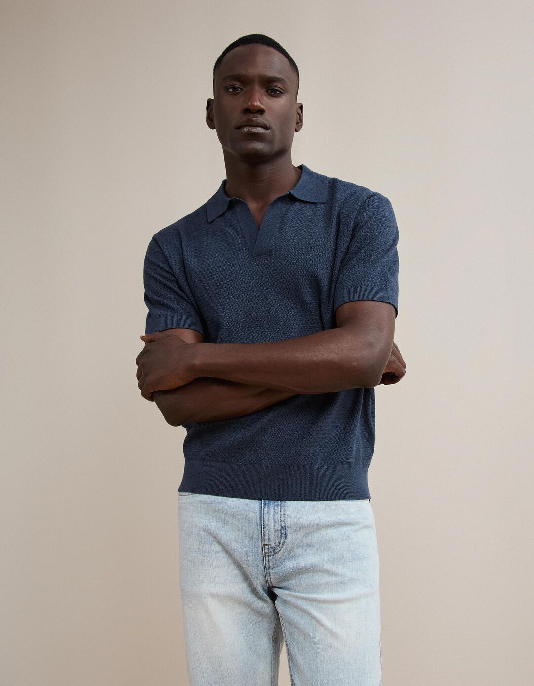Polo De Malha Tricotada Com Linho, Homem, Azul Escuro