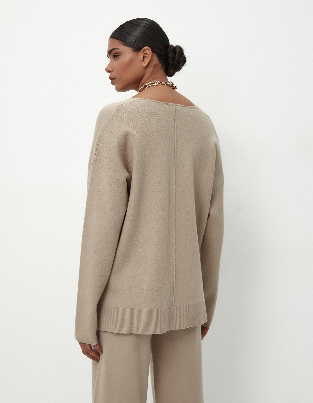 Camisola de Malha Decote em V, Mulher, Bege