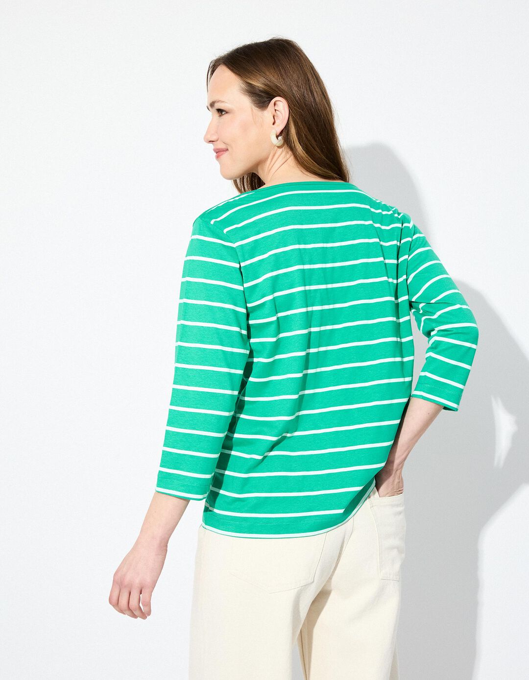 T-shirt de Manga Comprida Riscas, Mulher, Verde