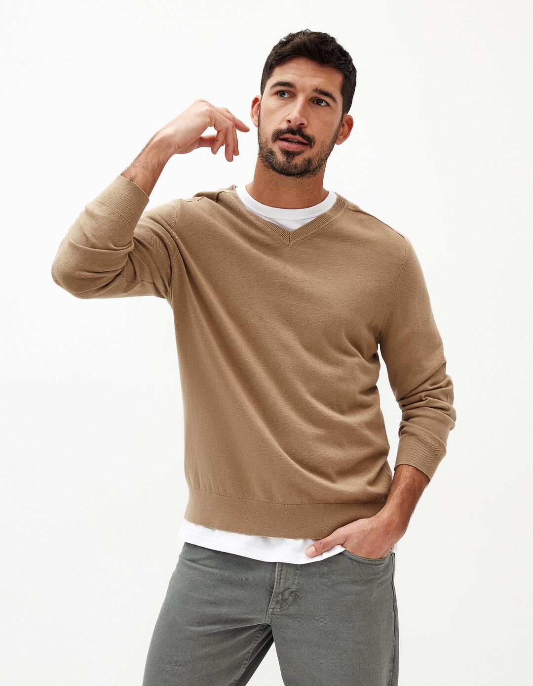 Camisola Mistura de Caxemira Decote em V, Homem, Bege