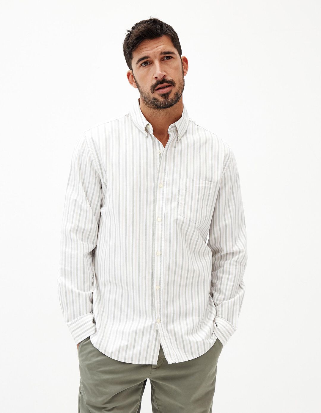 Camisa de Manga Comprida Riscas, Homem, Verde