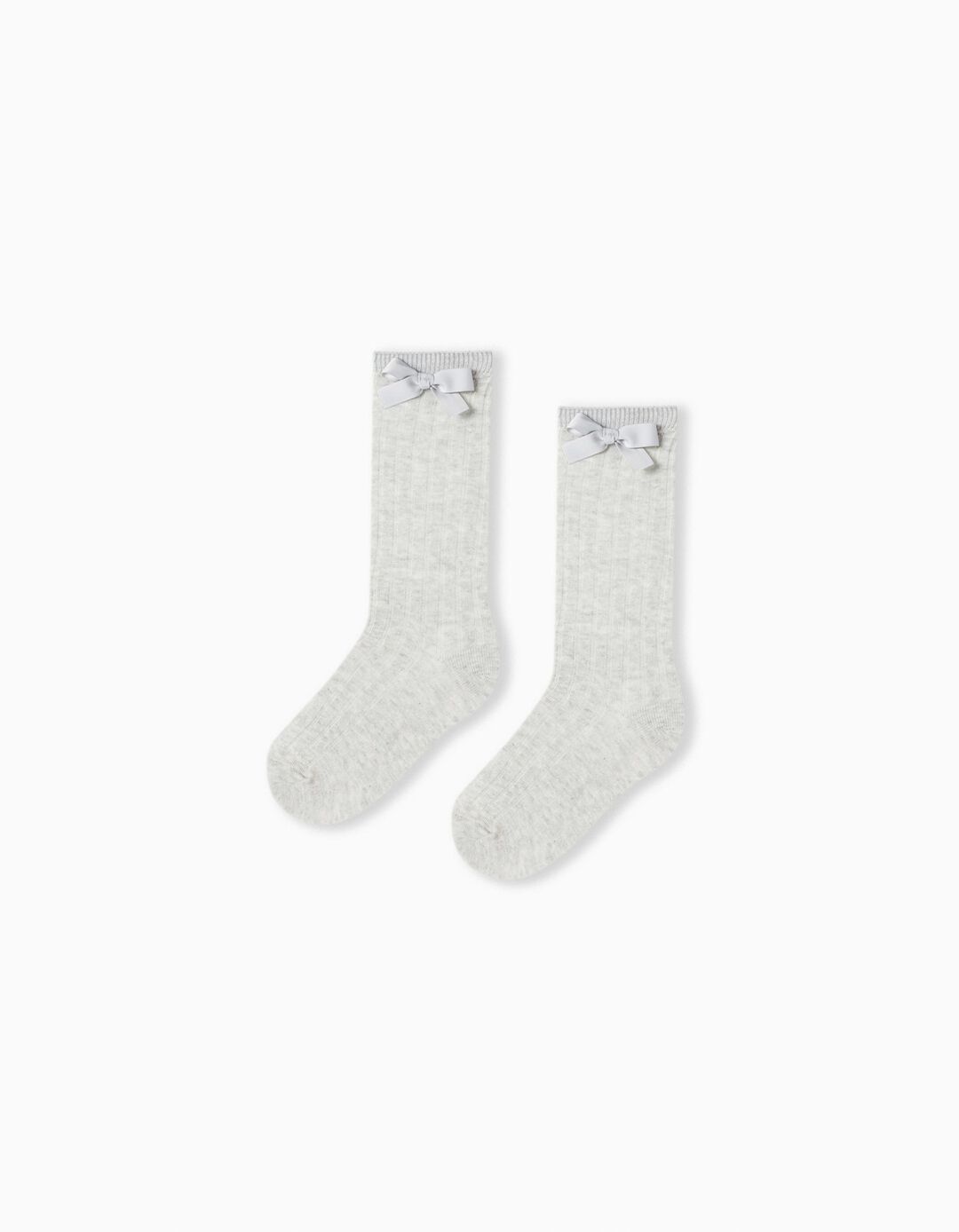 Pack 2 Pares de Meias Altas Caneladas Laço, Menina, Cinzento Claro