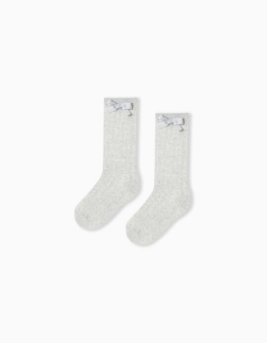 Comprar Online Pack 2 Pares de Meias Altas Caneladas Laço, Menina, Cinzento Claro