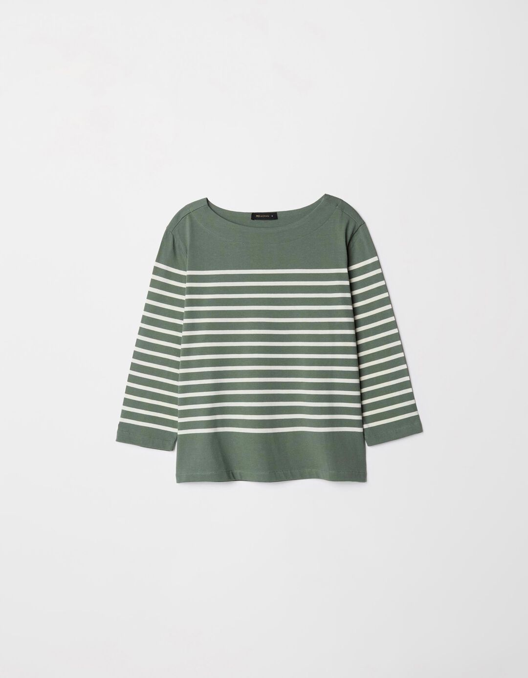 T-shirt de Manga Comprida Riscas, Mulher, Verde Escuro