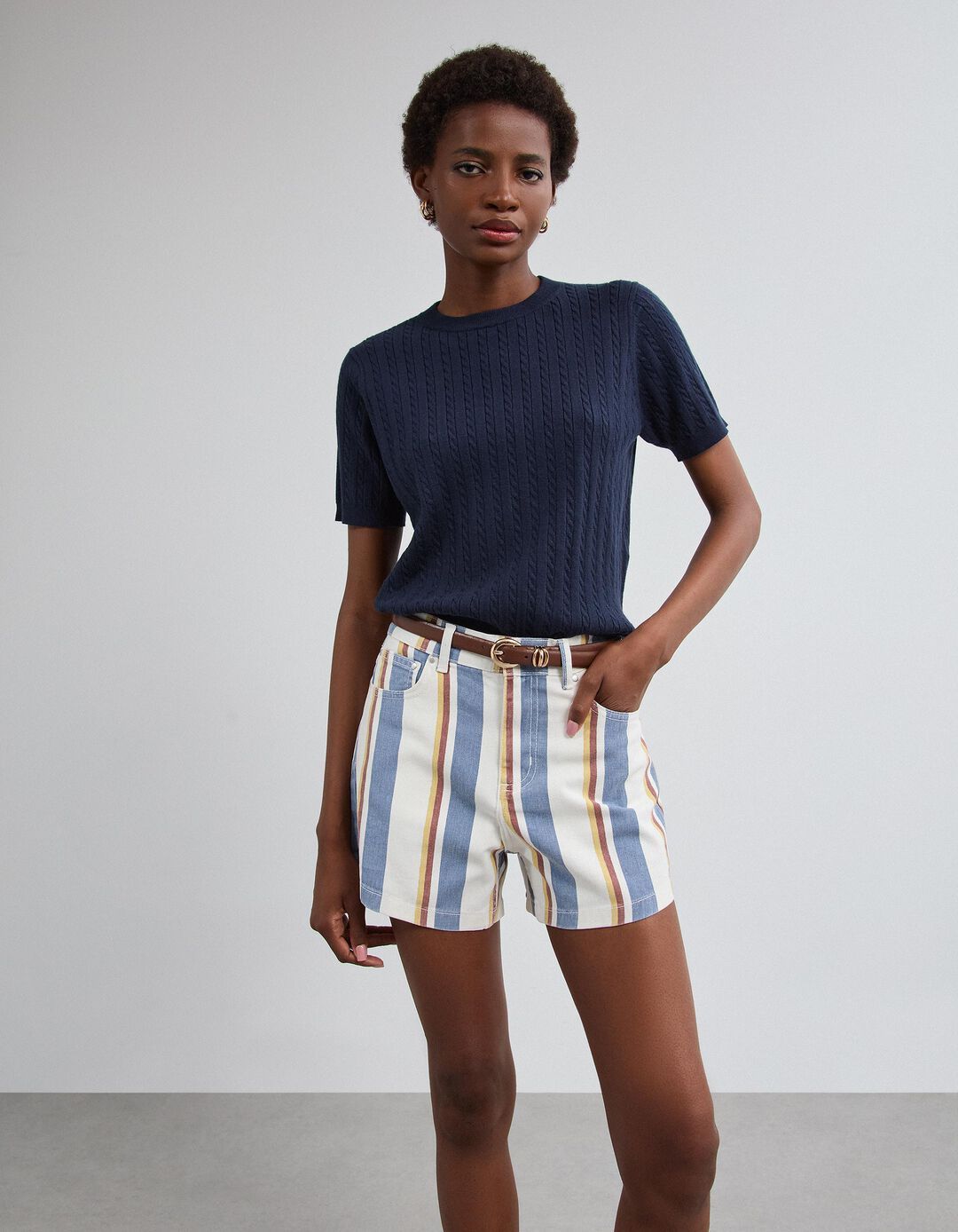 Camisola Tricotada Manga Curta, Mulher, Azul Escuro