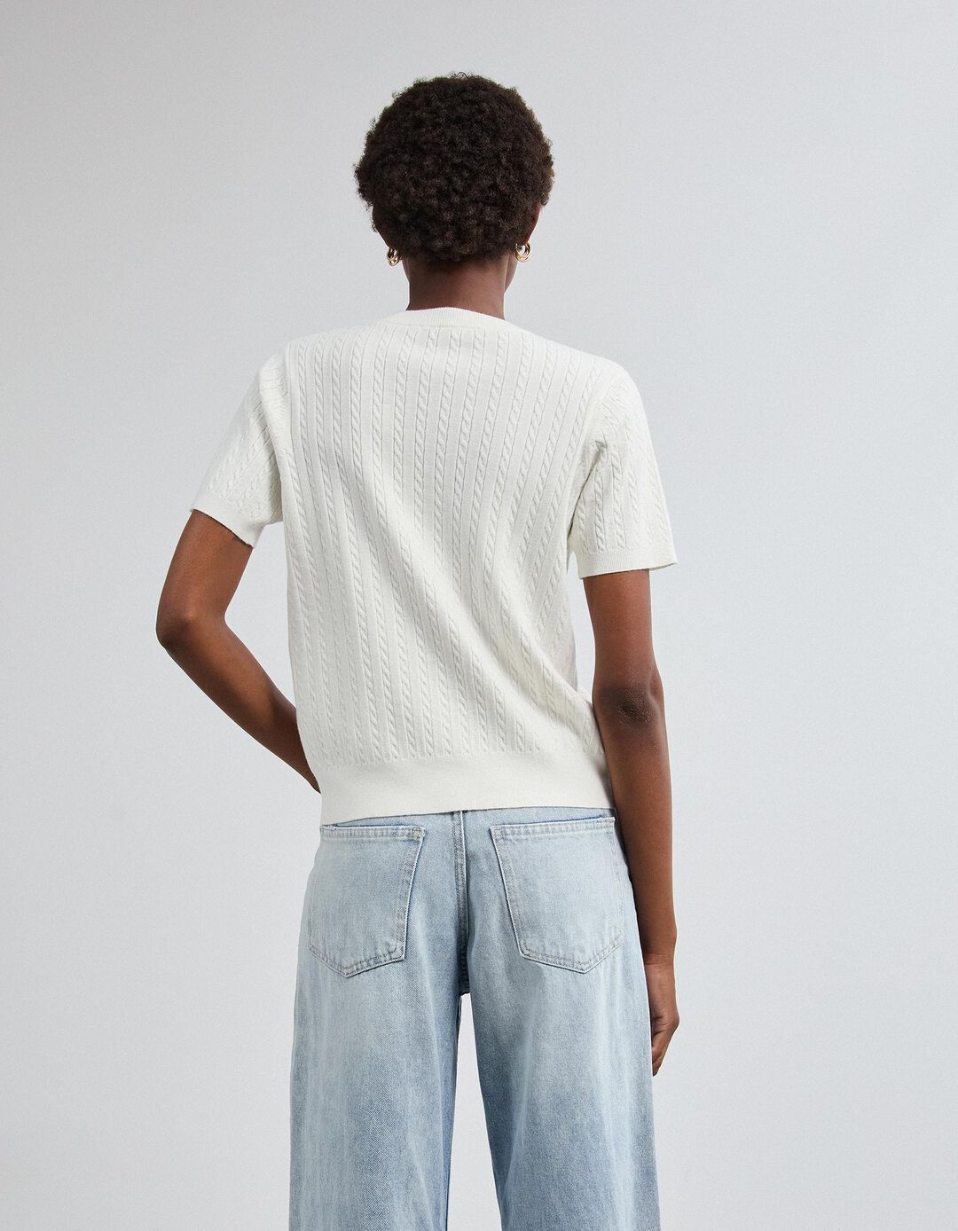 Camisola Tricotada Manga Curta, Mulher, Cru