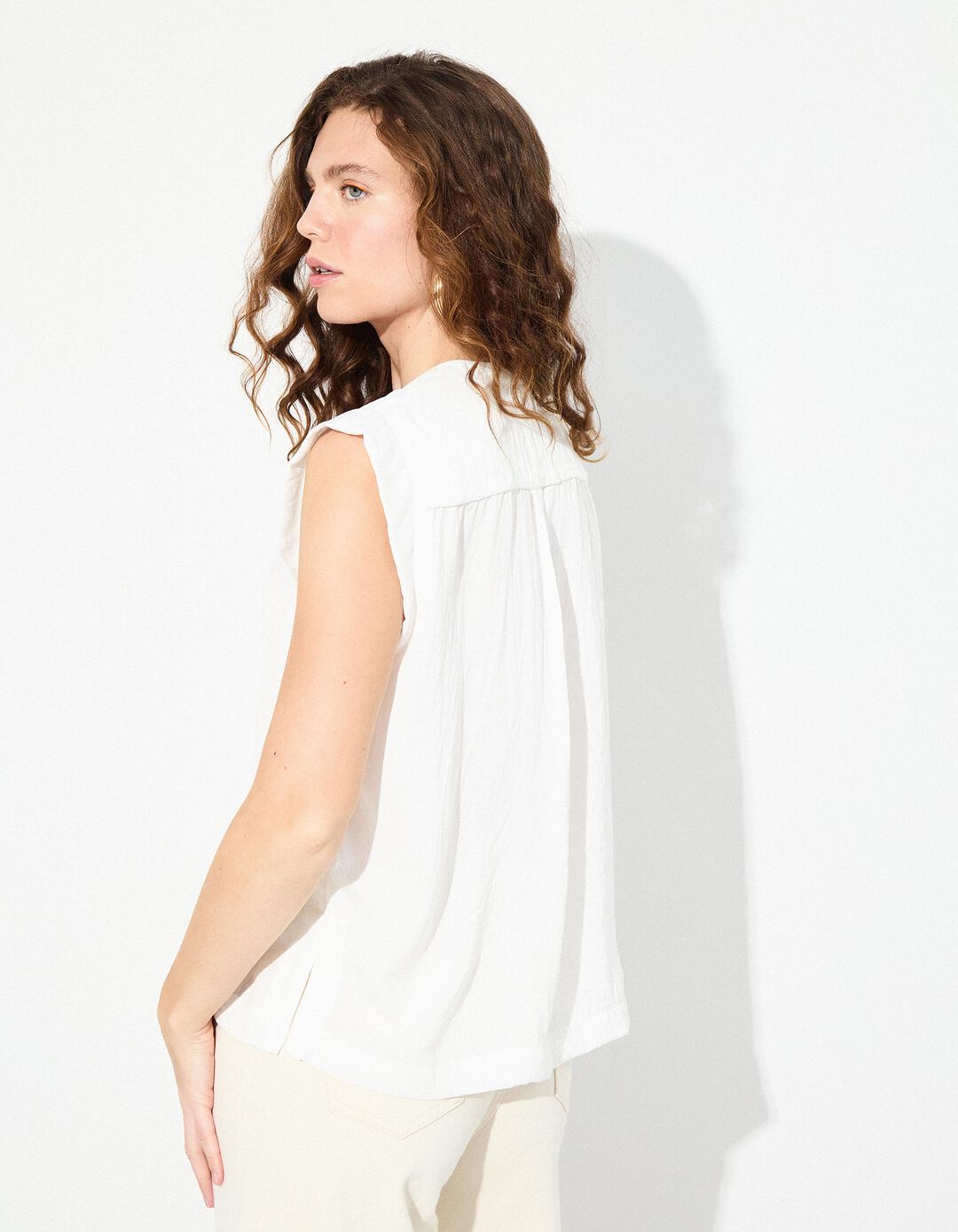 Blusa Decote em V, Mulher, Bege Claro 