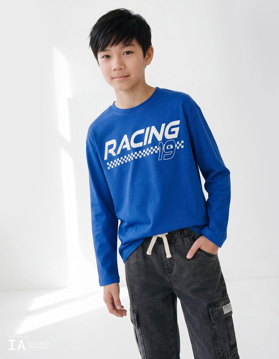 T-shirt de Manga Comprida, Menino, Azul