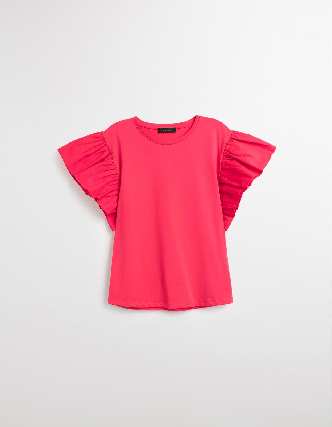 T-shirt com Mangas de Folhos, Mulher, Rosa