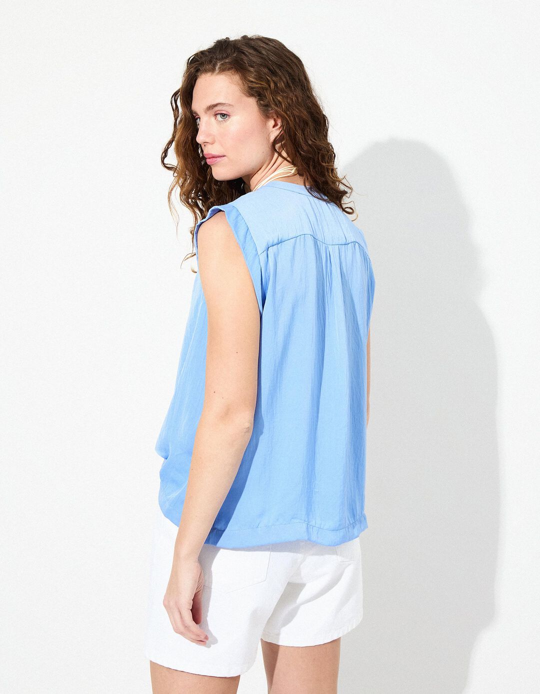 Blusa Decote em V, Mulher, Azul