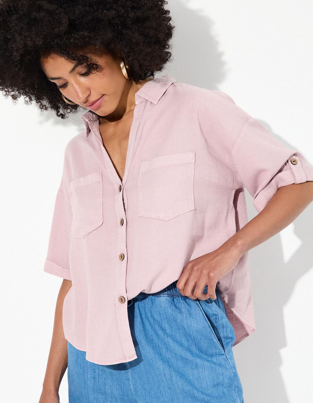Camisa Curta com Linho, Mulher, Roxo Claro