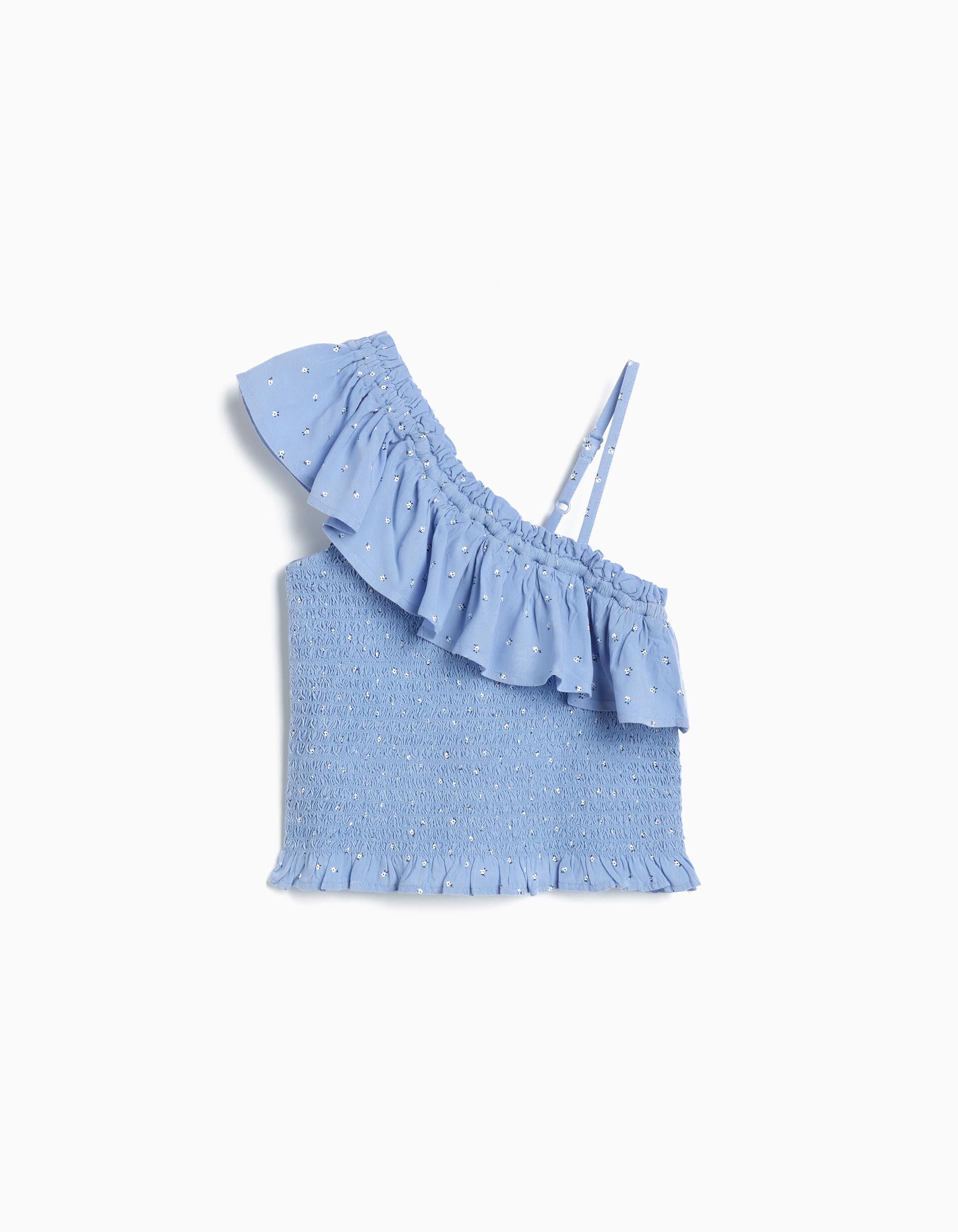 Comprar Online Top Assim&eacute;trico Com Folhos, Menina, Azul Claro