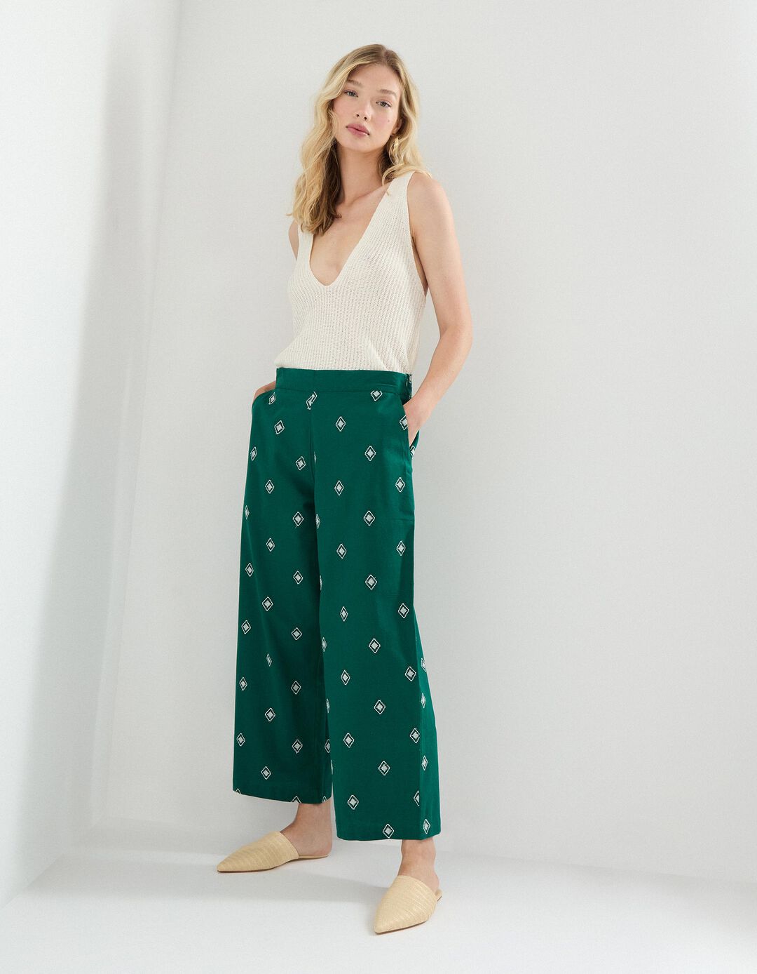 Calças Culotte com Linho, Mulher, Verde 