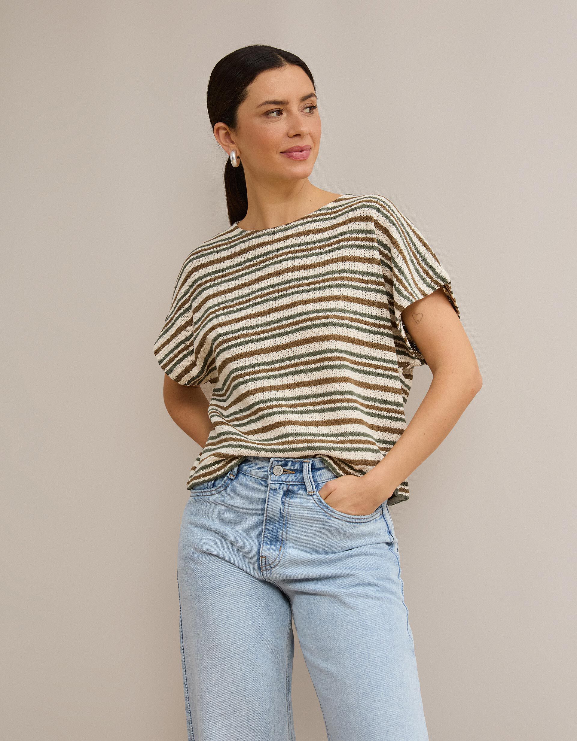 Comprar Online T-shirt &Agrave;s Riscas Em Malha R&uacute;stica, Mulher, Castanho