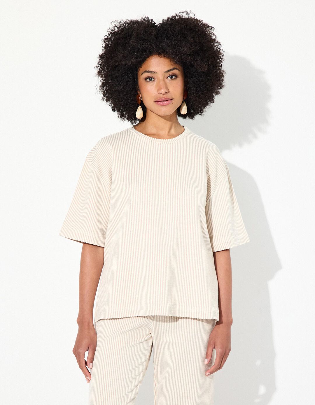 T-shirt Riscas, Mulher, Bege Escuro 
