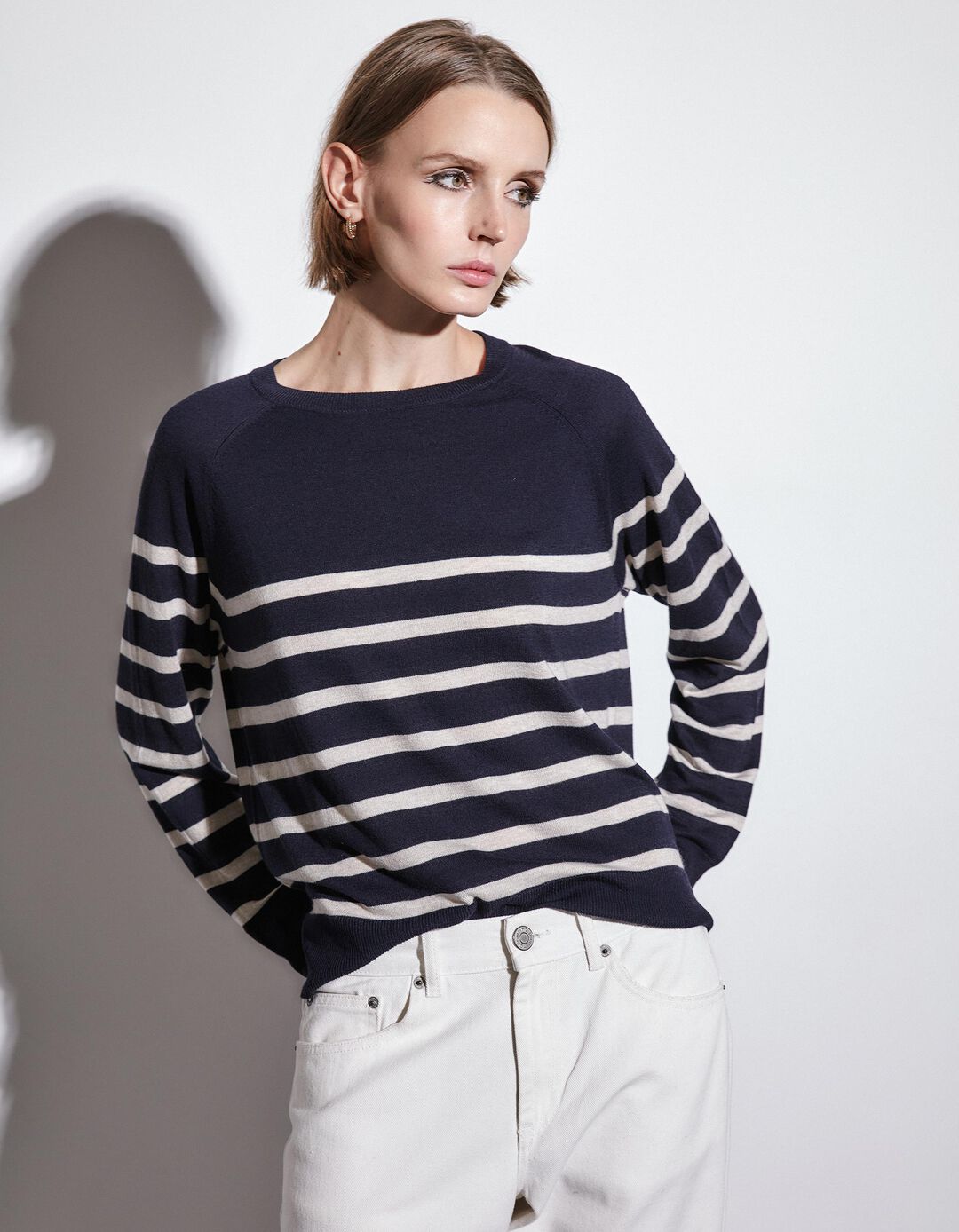 Camisola Mistura de Caxemira Riscas, Mulher, Azul Escuro
