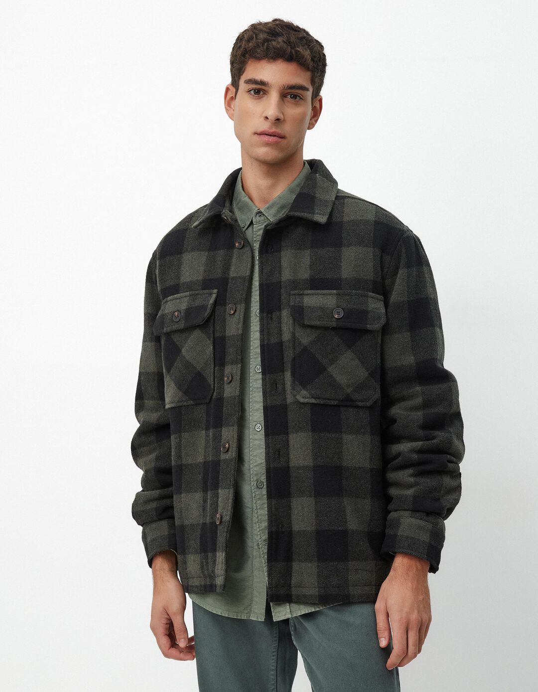 Sobrecamisa Mistura de Lã, Homem, Verde Escuro