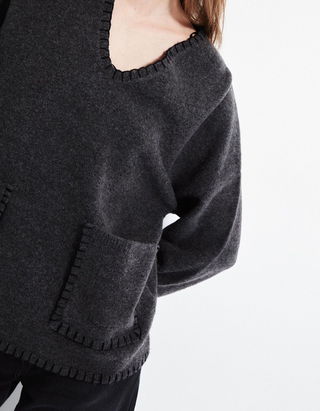 Camisola de Malha Decote em V, Mulher, Cinzento Escuro