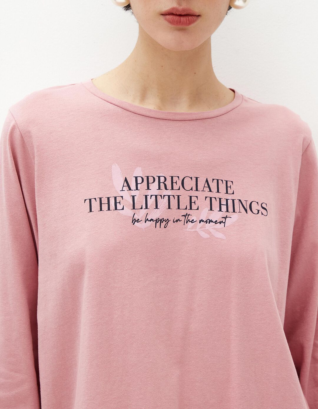 T-shirt de Manga Comprida Estampado, Mulher, Rosa Escuro