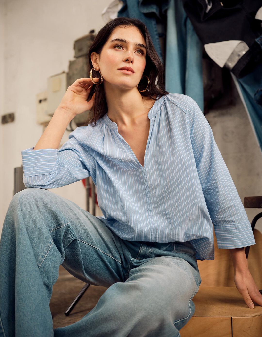 Blusa Riscas, Mulher, Azul Claro