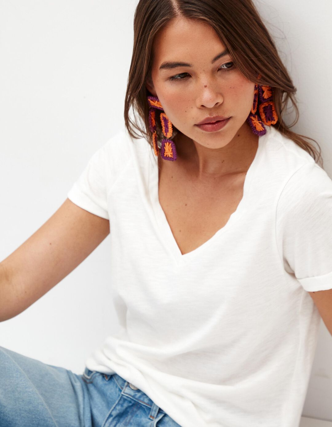 T-shirt Decote em V, Mulher, Bege Claro