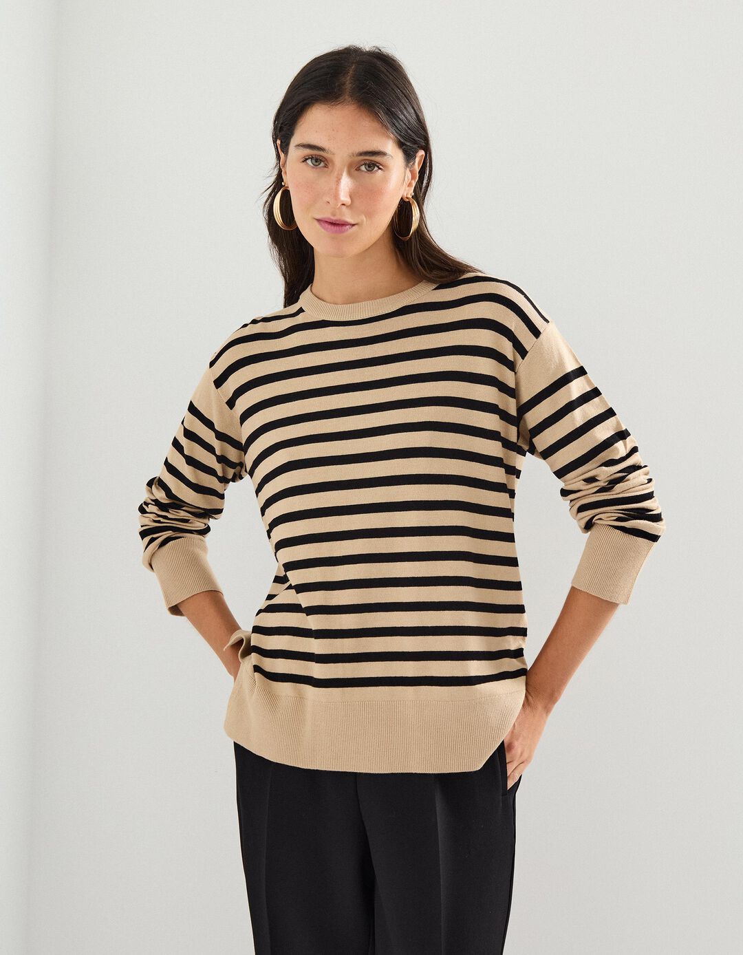 Camisola de Malha com Riscas, Mulher, Bege