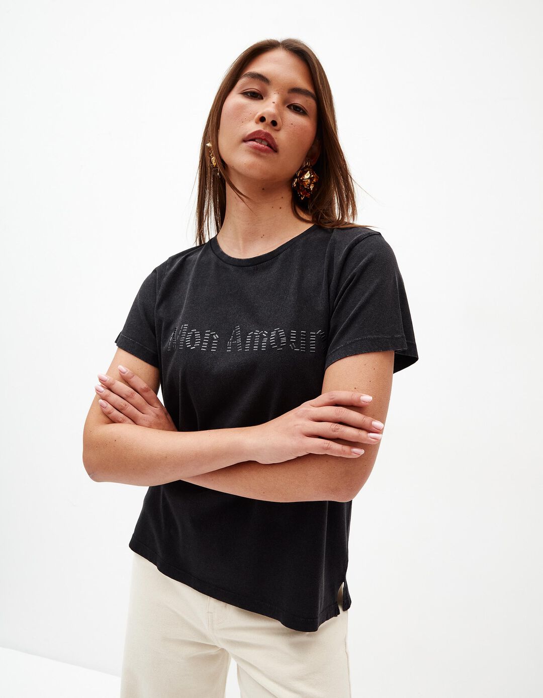 T-shirt com Missangas, Mulher, Preto 
